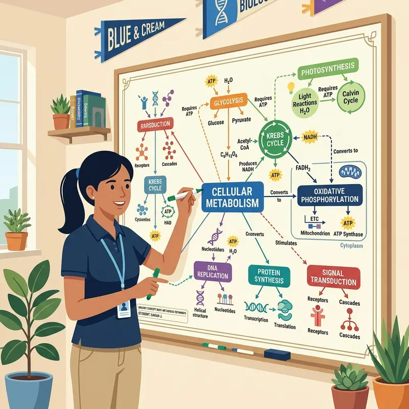 Student drawing a concept map connecting biological pathways and cells
