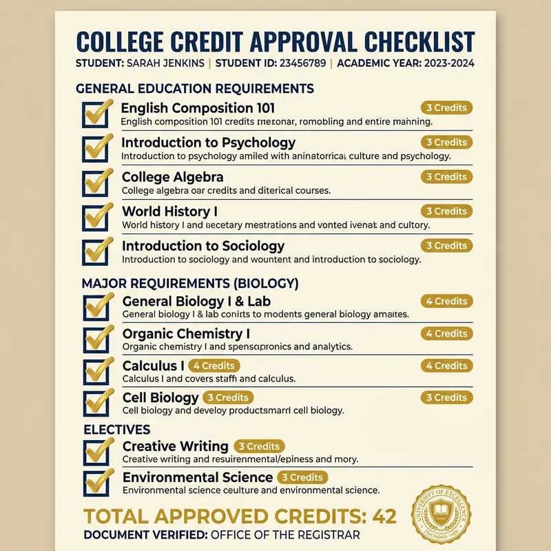 Document checklist with gold ticks showing approved university credit conversions