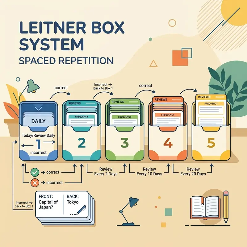 Leitner card box setup numbered 1 to 5 for spaced repetition review schedules